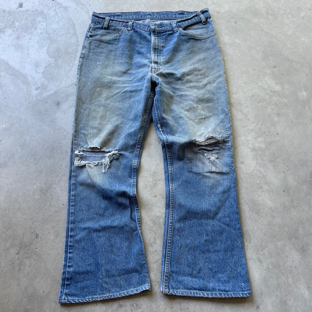 Vintage 70s Levis 646 Orange Tab Bell Bottom Jeans Talon 42 35x28 Distressed
